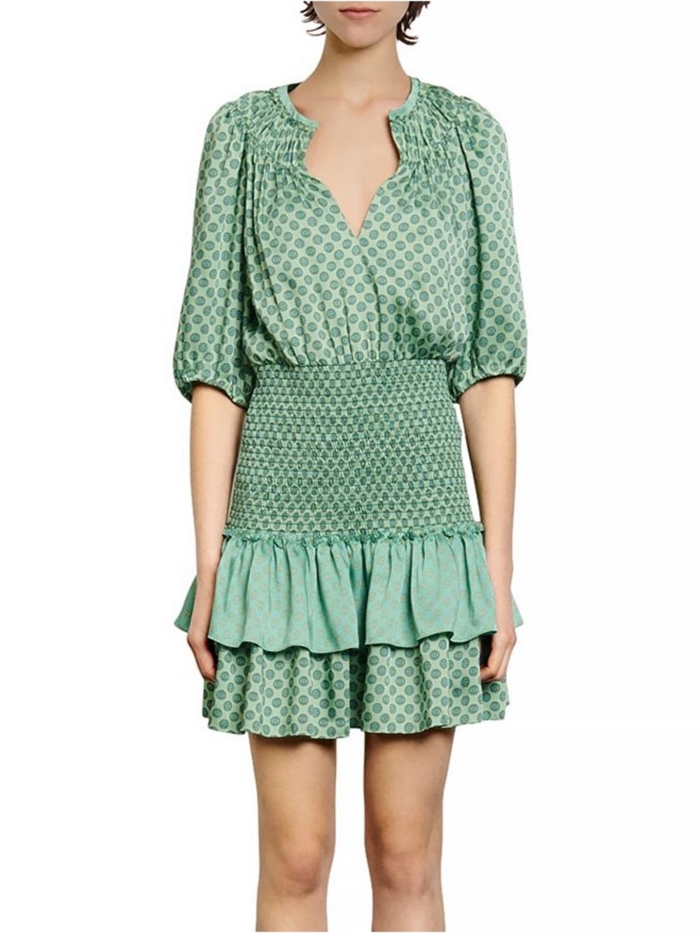 Sandro Paris smocked Waist Green Polka Dot Ruffle Dress